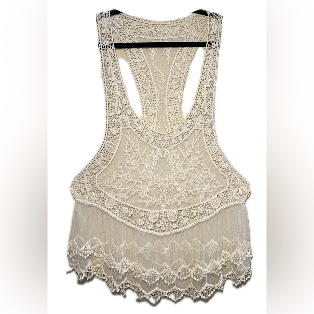 Lacey off-white see through crochet tank top/dress pull over